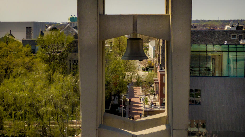 A drone shot of the bell tower on Main Campus