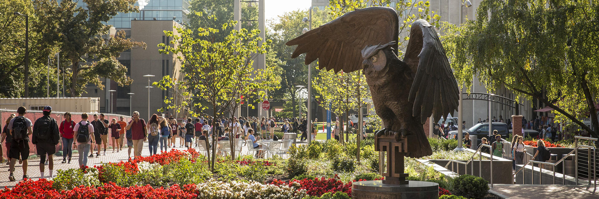 An image of the owl statue and students on Main Campus